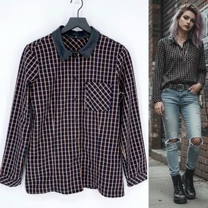 Sanctuary Plaid Heavyweight Slim Fit Snap Button Top Pleather Collar Medium